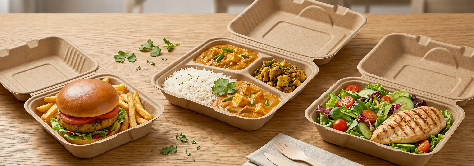 Unbleached kraft bagasse clamshells on a wooden counter, one holding a burger and fries, a three-compartment box with curry and rice, and a single-compartment box with salad and grilled chicken