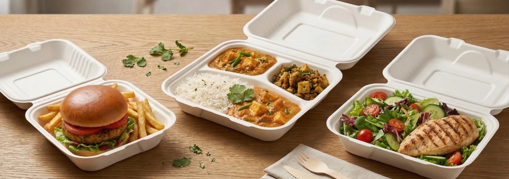 Ecofy compostable hinged clamshell containers in white and brown kraft, on a wooden table with delivery food