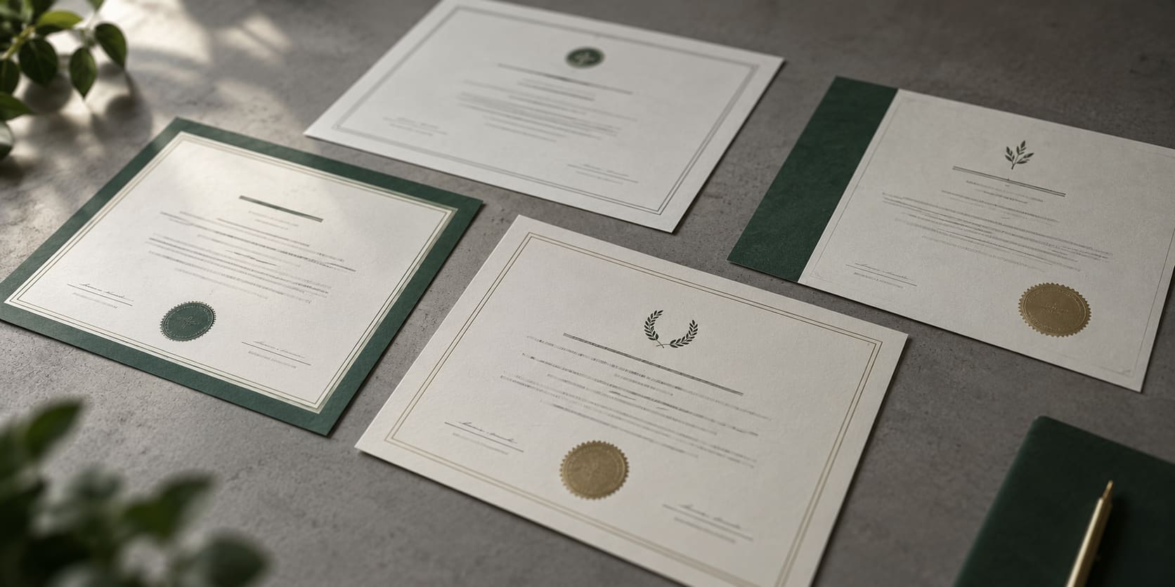 Four printed conformity certificates arranged on a grey surface