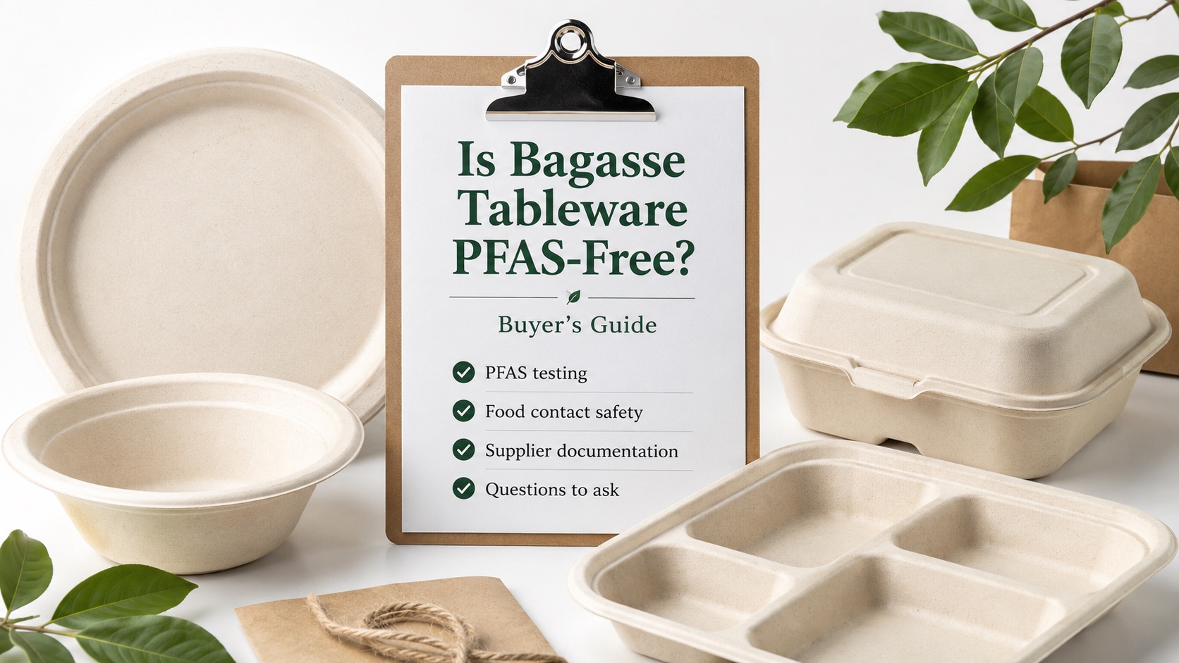 Is bagasse tableware PFAS-free buyer's guide, shown with compostable bagasse plate, bowl, clamshell and compartment tray