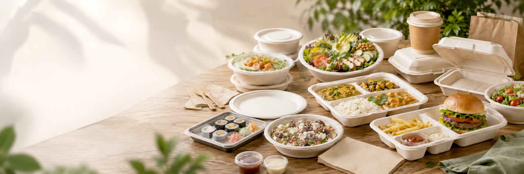 Ecofy compostable bagasse tableware spread: bowls, plates, compartment meal trays, clamshells and PET-lidded containers with food