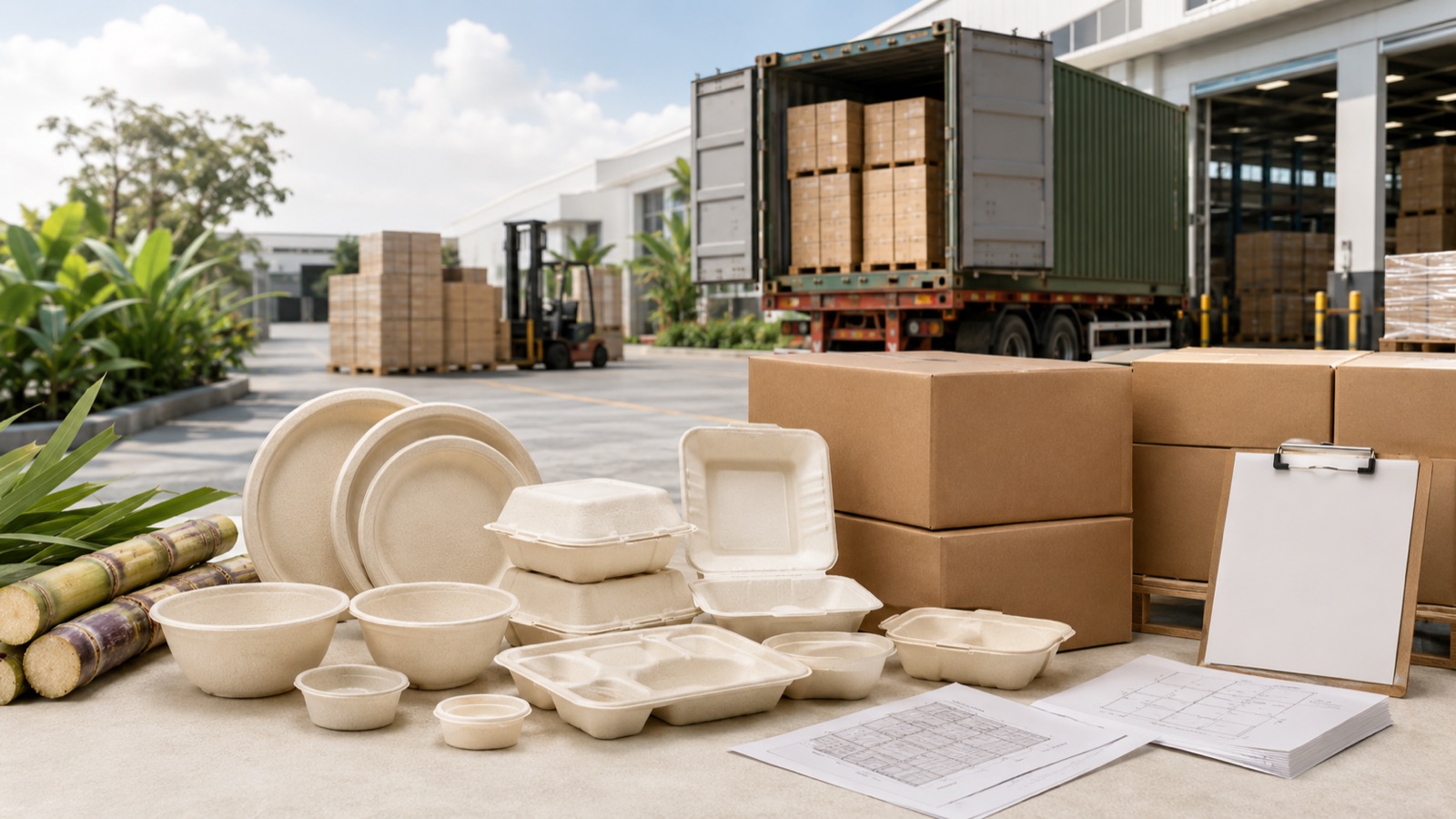 Compostable bagasse tableware plates, bowls, clamshells and meal trays with cartons loaded into a shipping container for bulk export