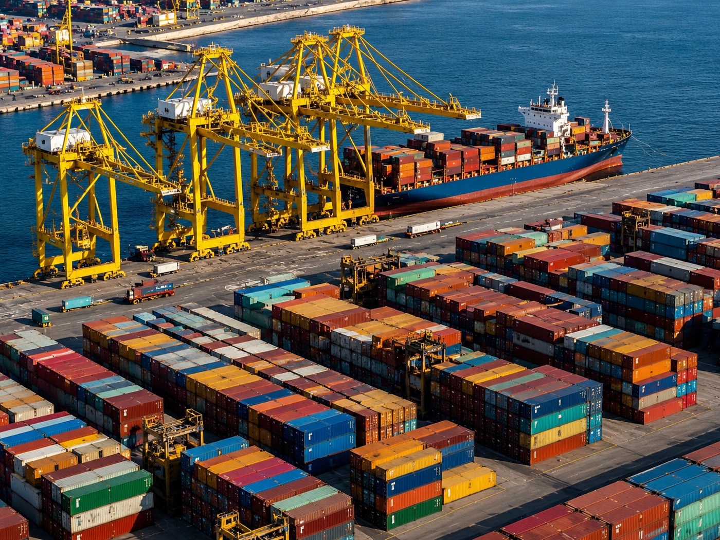 Container ship and stacked shipping containers at port, Ecofy's molded fiber tableware export operation