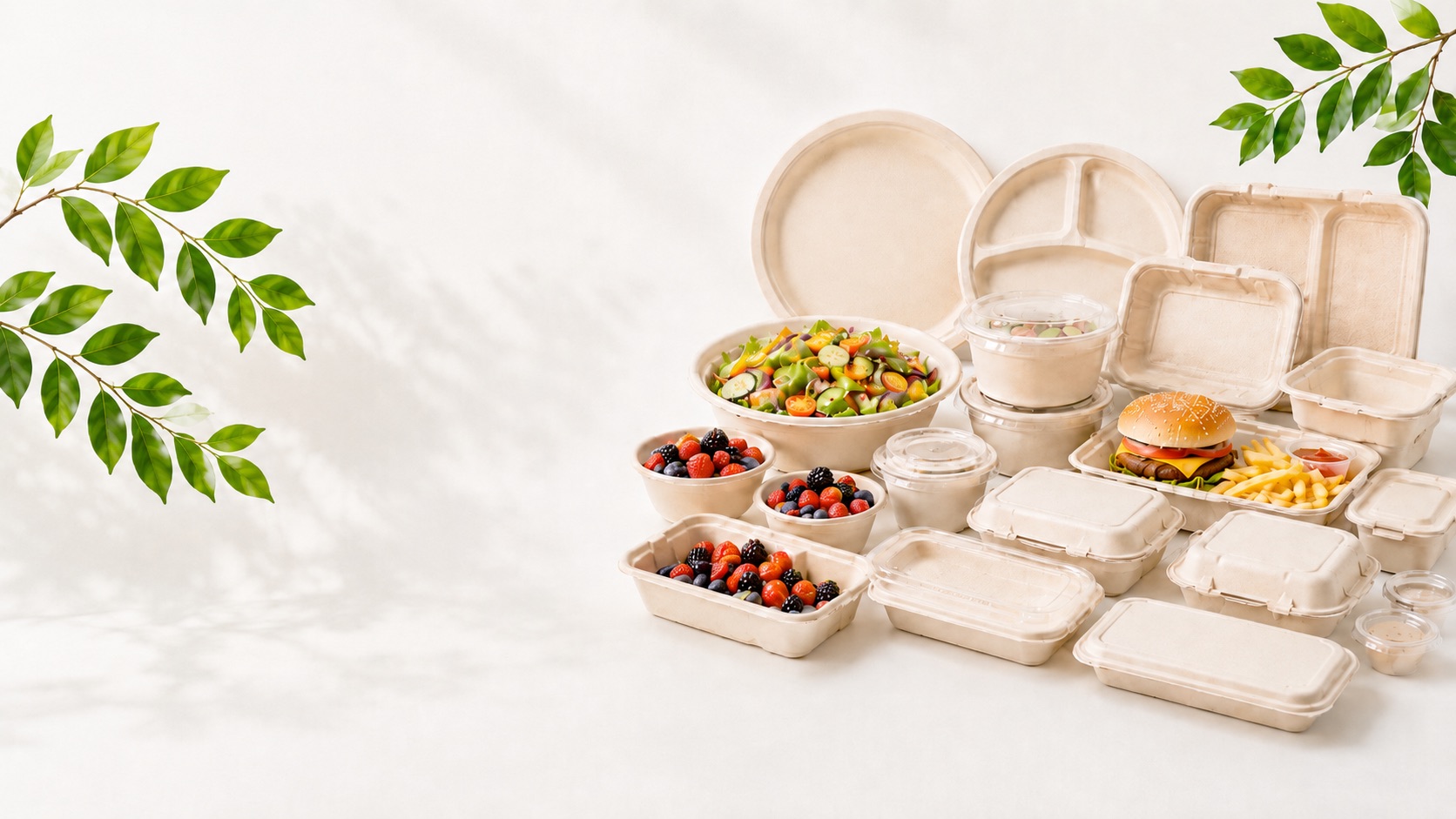 Ecofy compostable bagasse tableware range — plates, bowls, clamshell and containers