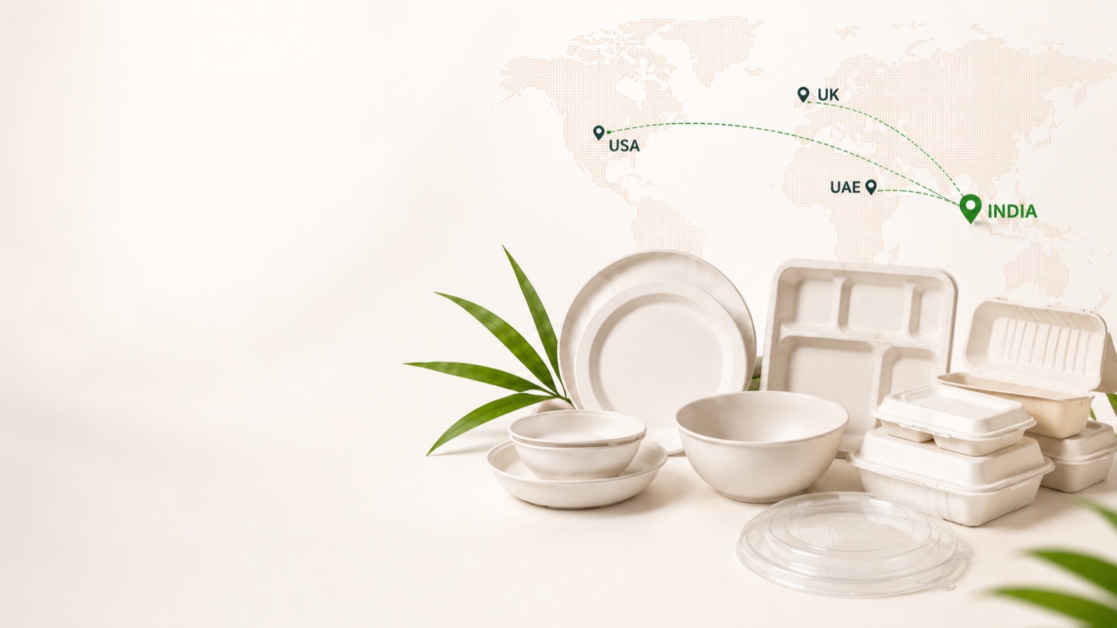 Ecofy compostable bagasse tableware exported from India to USA, UK and UAE markets , plates, bowls, trays, clamshells and takeaway containers