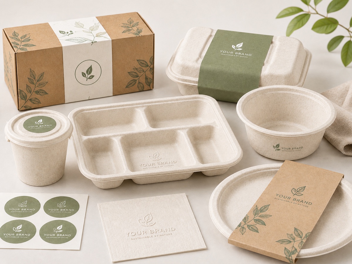 Private-label compostable bagasse packaging with custom YOUR BRAND printing, sleeves, stickers and cartons for UK brands