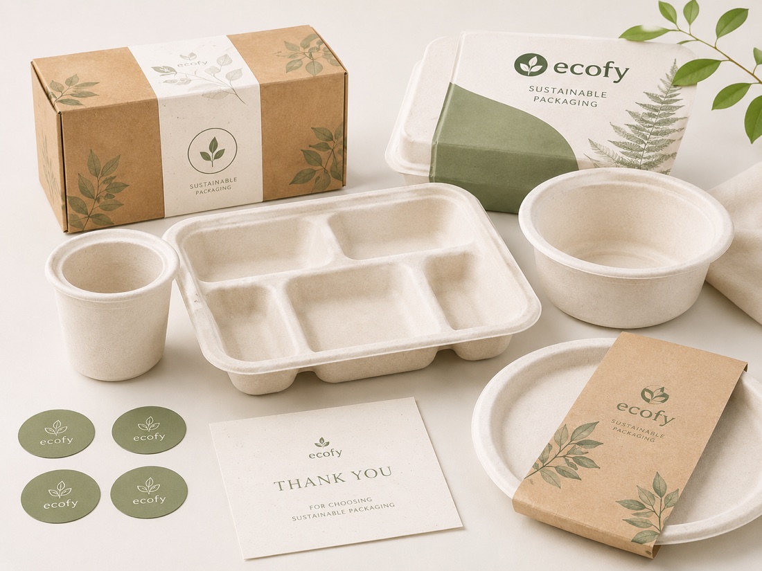Branded outer packaging, private-label compostable tableware example