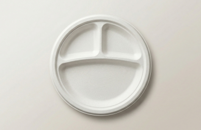 9" 3CP Bagasse Compartment Plate for bulk foodservice supply by Ecofy